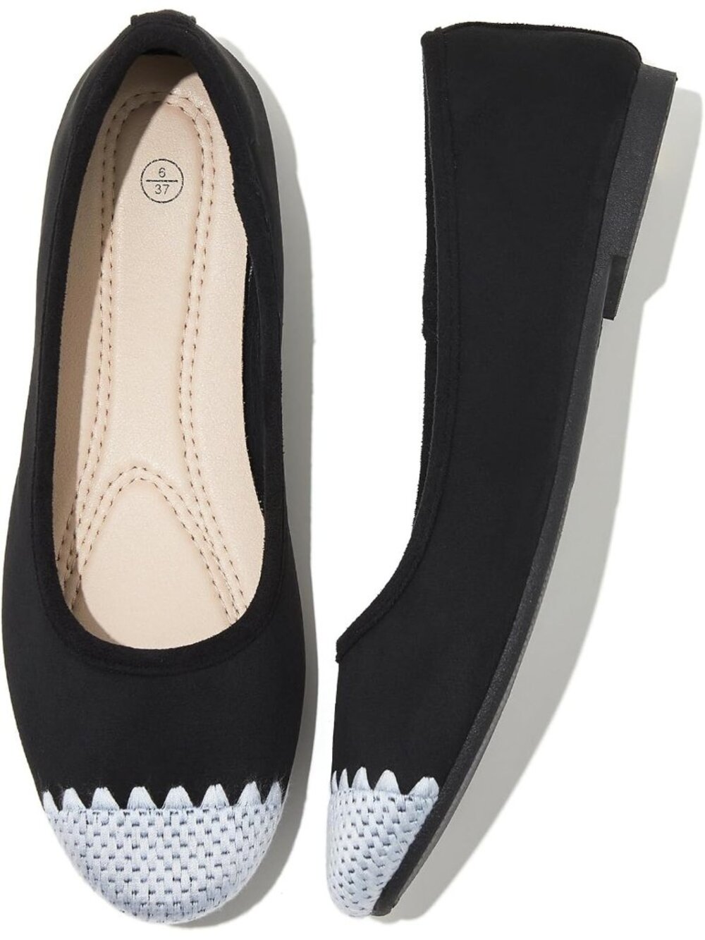 Women Black Scalloped Leather Non Slip Low Heel Slip on Ballet Loafer Flat Shoes